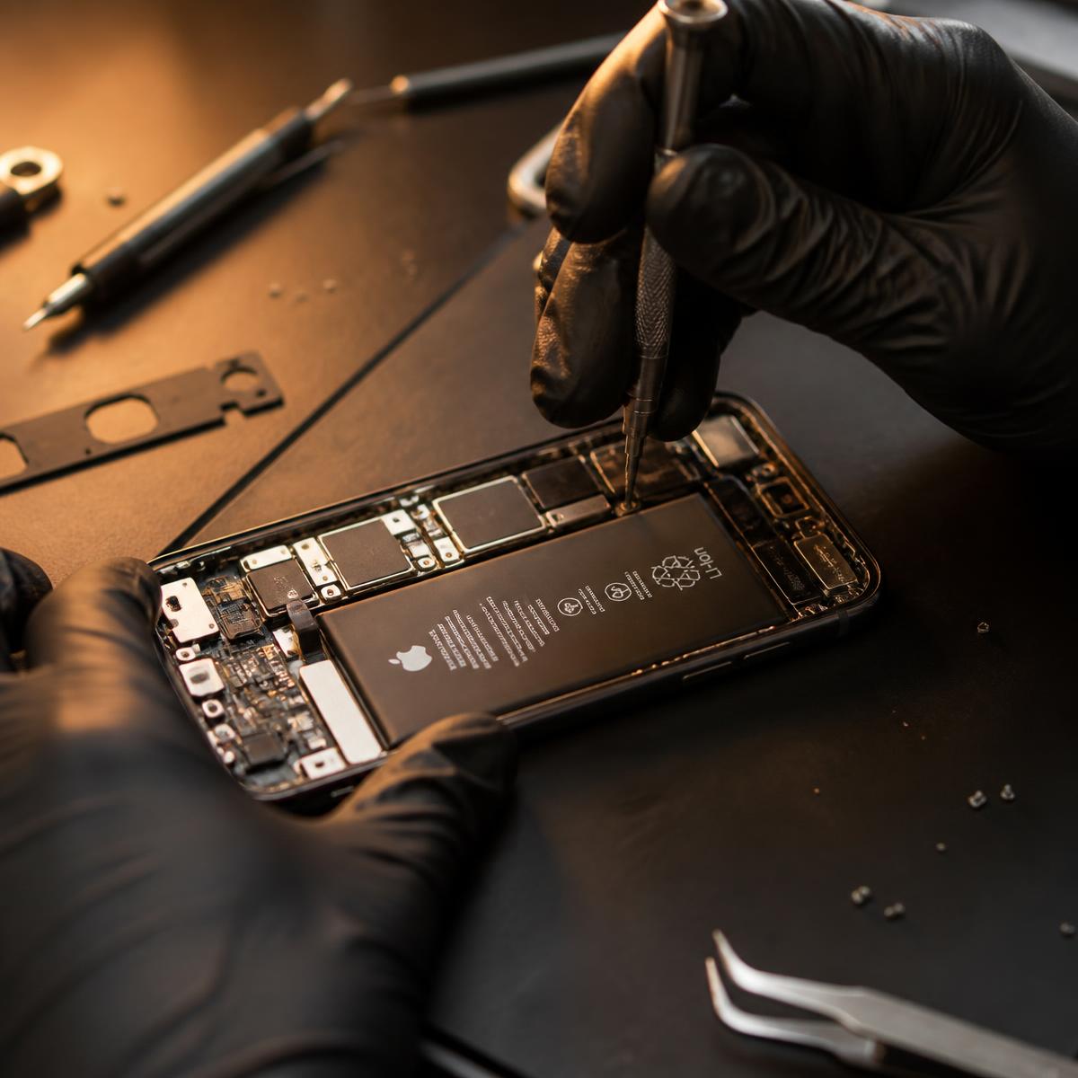 Técnico realizando reparo em um iPhone com ferramentas de precisão